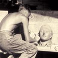CCC Artist Sculpts Decoration, Bastrop State Park, c. 1937